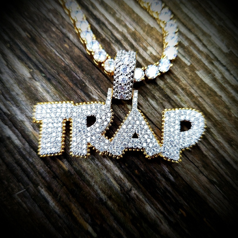 14k GP Simulated Diamond TRAP Tennis Chain Set - Picture 2 of 3